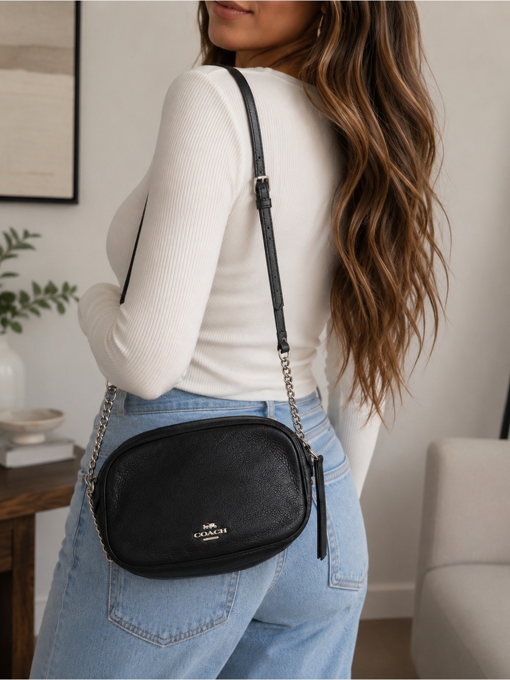 Coach Black Pebbled Leather Chain Crossbody Bag Gold Hardware